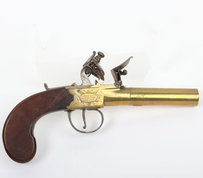 Brass framed and barrelled flintlock boxlock travelling pistol by W. BOND, LOMBARD STREET, LONDON