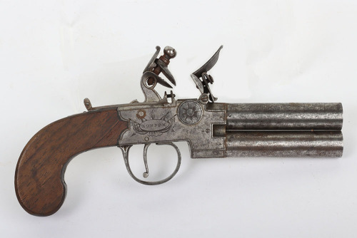 Boxlock flintlock 2 shot tap action over and under overcoat pistol