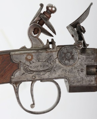 Boxlock flintlock 2 shot tap action over and under overcoat pistol - 4