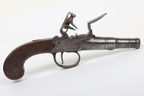 54 bore Queen Anne style boxlock flintlock cannon barrelled pocket pistol by STANTON, LONDON c.1775