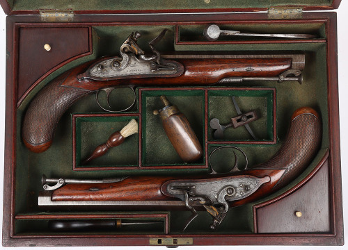 Pair of officer&rsquo;s 16 bore flintlock holster pistols by Richards c.1820