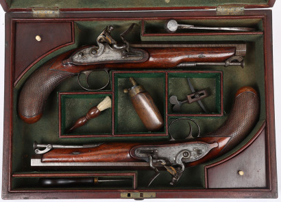 Pair of officer&rsquo;s 16 bore flintlock holster pistols by Richards c.1820