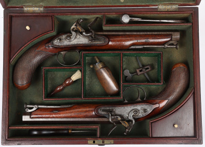 Pair of officer&rsquo;s 16 bore flintlock holster pistols by Richards c.1820