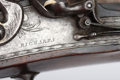 Pair of officer&rsquo;s 16 bore flintlock holster pistols by Richards c.1820 - 7