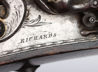 Pair of officer&rsquo;s 16 bore flintlock holster pistols by Richards c.1820 - 9