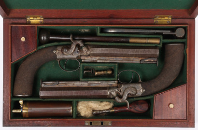 Good pair of 20 bore boxlock side hammer percussion belt pistols by Wilkinson, London, c.1850
