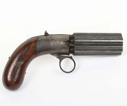 6 shot 84 bore Cooper&rsquo;s patent percussion self-cocking ring trigger pepperbox revolver
