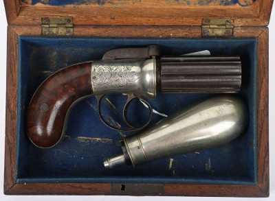 6 shot 150 bore self cocking percussion pepperbox revolver, retailed by MONK, STAMFORD