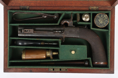 2 shot 34 bore boxlock percussion turnover travelling pistol by COLLINS, LONDON
