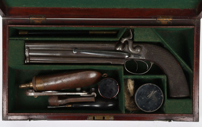 40 bore boxlock side hammer over and under percussion belt pistol by HENRY BECKWITH 58 SKINNER St SNOW HILL LONDON,
