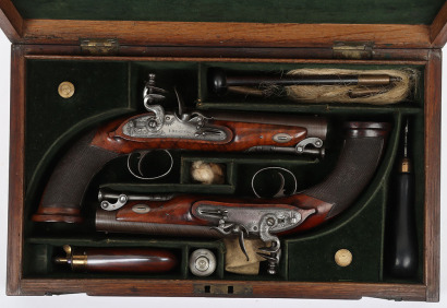 Pair of 28 bore flintlock travelling pistols by I. BLANCH, LONDON
