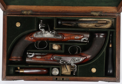 Pair of 28 bore flintlock travelling pistols by I. BLANCH, LONDON