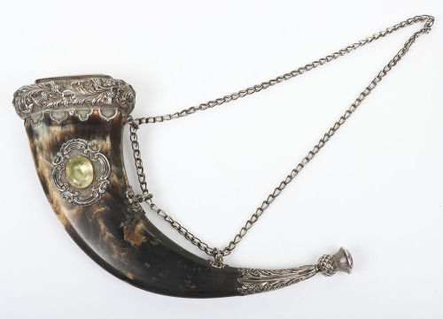 Fine Scottish hallmarked silver mounted dress powder horn, Edinburgh 1842