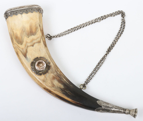Victorian Scottish silver coloured metal mounted dress powder horn