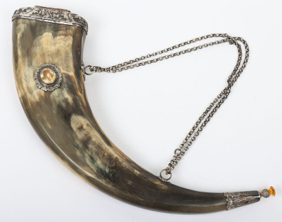 Victorian Scottish silver coloured metal mounted dress powder horn
