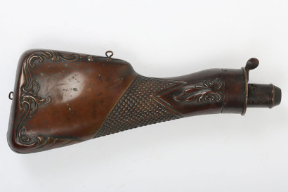 Copper gun sized powder flask in the form of a gun stock