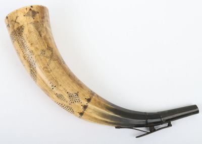 Unusual Scottish scrimshaw engraved cow horn powder flask of Masonic interest