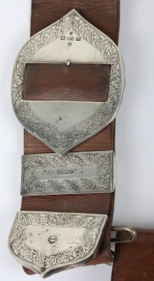 Hallmarked silver mounted brown leather shoulder belt and pouch for a Rifles officer - 2