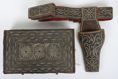 Unusual Mexican leather holster, belt and ammunition box all decorated en suite with porcupine quillwork