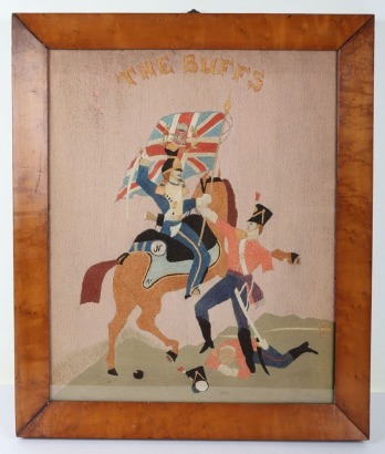 Embroidered silk portrait depicting Ensign Thomas of the 3rd Foot (the Buffs) who fell at Albuera whilst defending the regimental colours