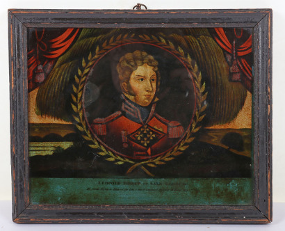 Possibly a reverse painting on glass, or possibly a print laid down to imitate the same, depicting &lsquo;Leopold Prince of Saxe Coburg