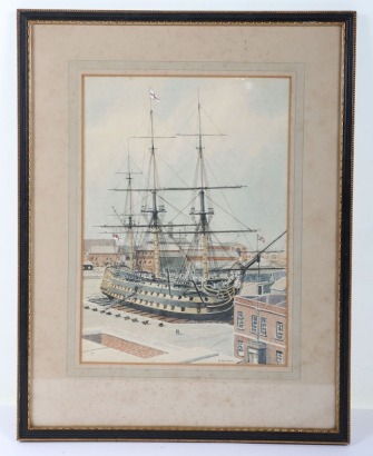 Watercolour painting of HMS Victory in dry dock, signed E. TUFNELL