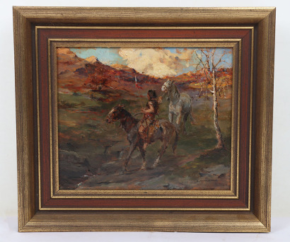 Oil painting 23 x 19cm on board depicting a Native American on horseback