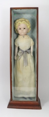A cased &lsquo;Pumpkin head&rsquo; wax over composition shoulder head doll, German 1860s,