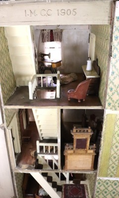A large and impressive painted grey wooden dolls house and contents, English 1905, - 9