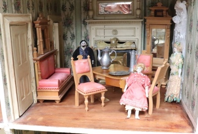 A large and impressive painted grey wooden dolls house and contents, English 1905, - 10