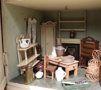 A large and impressive painted grey wooden dolls house and contents, English 1905, - 11