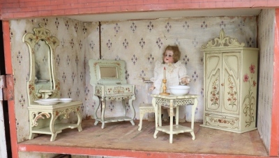 A large early painted wooden red brick Dolls House, English circa 1850, - 3