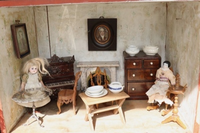 A large early painted wooden red brick Dolls House, English circa 1850, - 4