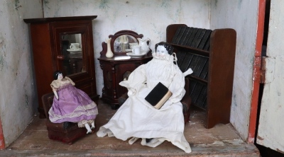 A large early painted wooden red brick Dolls House, English circa 1850, - 6