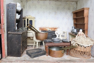 A large early painted wooden red brick Dolls House, English circa 1850, - 7