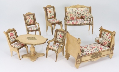 A good suite of Empire style wooden Dolls House furniture, probably French 19th century,