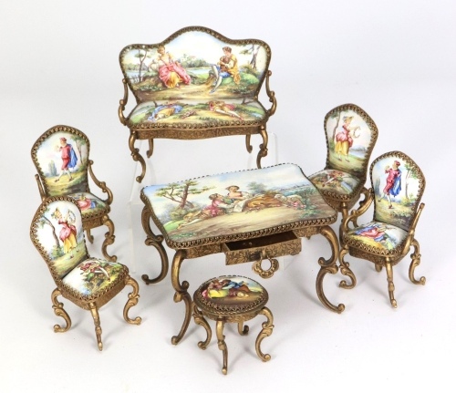 Austrian enamel hand painted miniature gilt furniture, early 20th century,
