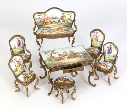 Austrian enamel hand painted miniature gilt furniture, early 20th century,