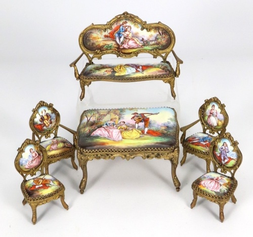 Austrian enamel hand painted miniature Rococo style gilt furniture, early 20th century,