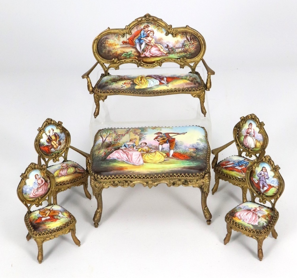 Austrian Rococo Style Austrian enamel hand painted miniature Rococo style gilt furniture ...