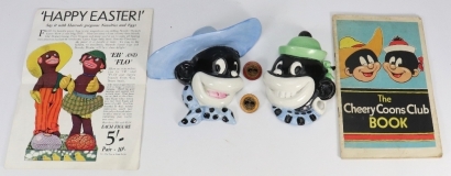 Pair of Eb and Flo glazed porcelain wall face masks, Ellgreave Pottery Co, circa 1930,