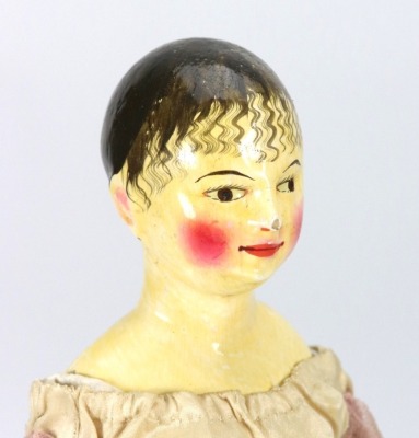 A rare and exquisite early painted carved wooden doll with her original extensive wardrobe, including seven gowns, nightdress and initialled undergarments, German circa 1810, - 8