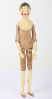 A rare and exquisite early painted carved wooden doll with her original extensive wardrobe, including seven gowns, nightdress and initialled undergarments, German circa 1810, - 9