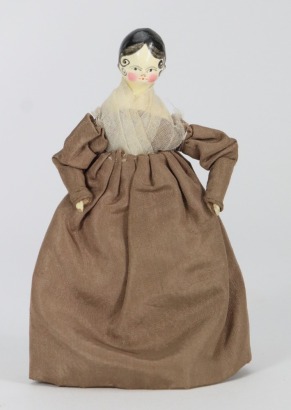 A good painted wooden Grodnertal doll in original Quaker style clothes, German circa 1820,