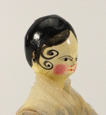 A good painted wooden Grodnertal doll in original Quaker style clothes, German circa 1820, - 2