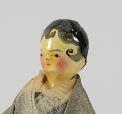 A good painted wooden Grodnertal doll in original Quaker style clothes, German circa 1820, - 2