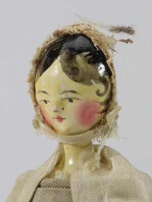 A good painted wooden Grodnertal doll in original Quaker style clothes, German circa 1820, - 2