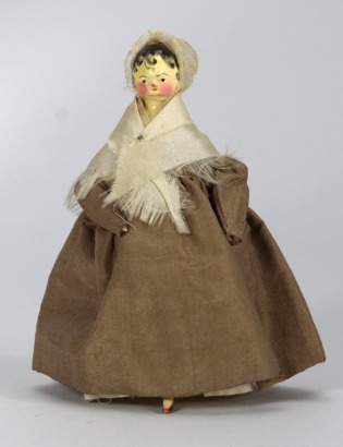 A good painted wooden Grodnertal doll in original Quaker style clothes, German circa 1820,