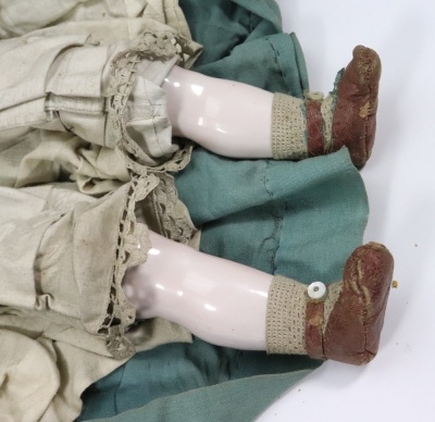 A good and large early glazed china shoulder head doll in original clothes, English circa 1860, - 4