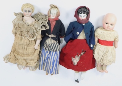 Four various early German dolls, 1860s-70s,